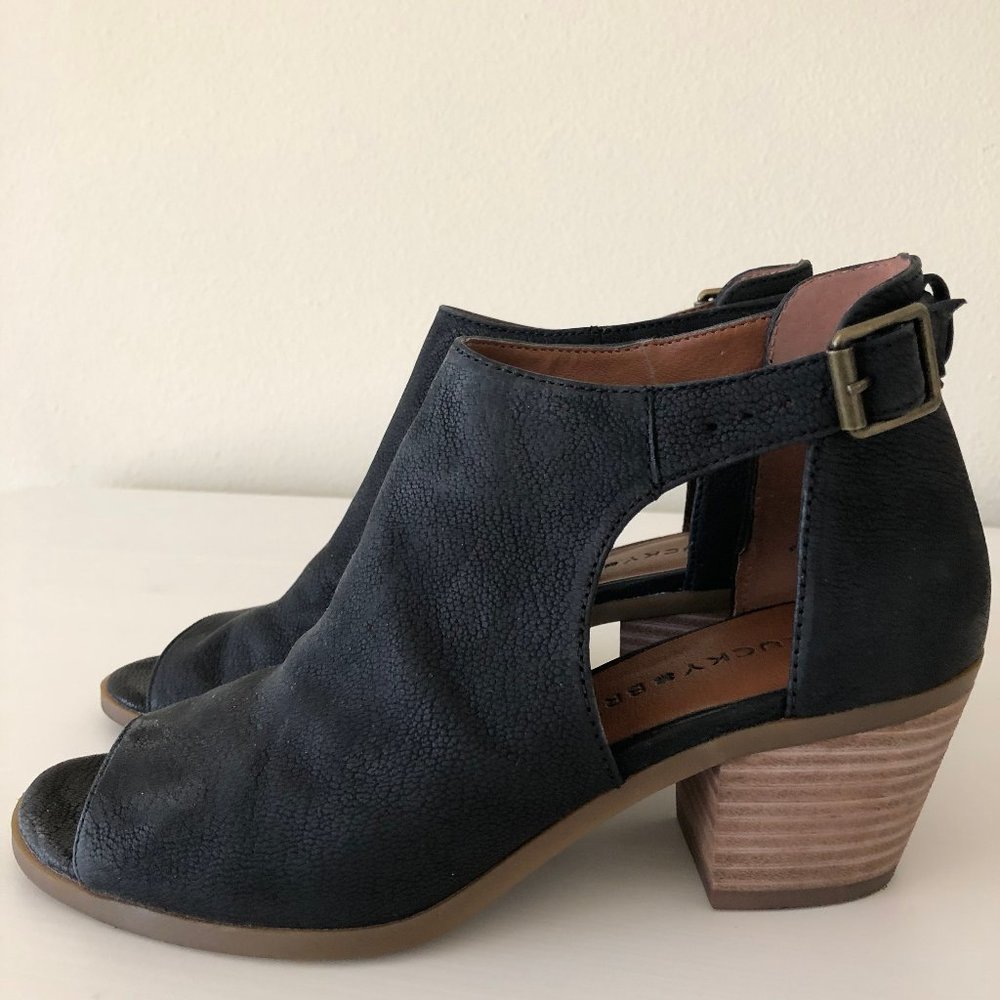 Lucky Brand Black Open-Toed Suede Low Heel Bootie